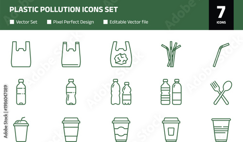 Plastic pollution icons set, reusable and disposable items including bottles, bags, straws and cups, line vector collection for environment, recycling, sustainability and zero waste design