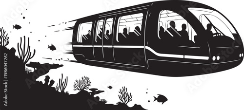 Underwater Subway Train, Oceanic Transportation, Vector Illustration, Black and White