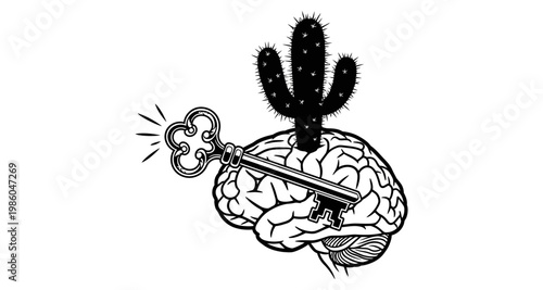 Key unlocking a cactus brain silhouette against a bright white background