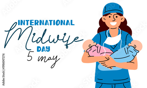 Caring midwife holding two adorable newborn babies, celebrating International Midwife Day graphic.