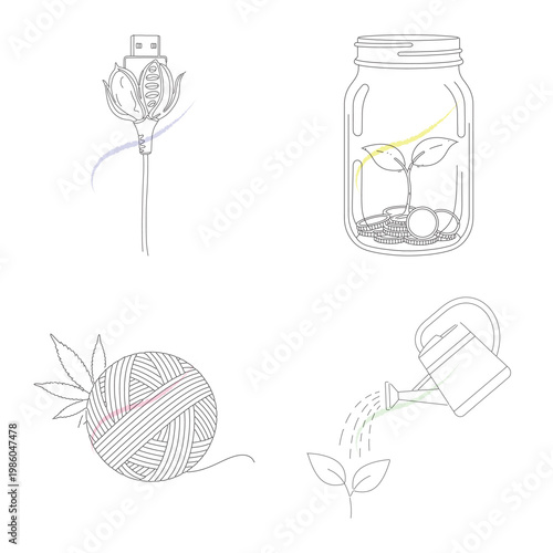 Sustainable energy and finance line icons showing usb plant charger money jar growth hemp yarn ball and watering can for organic gardening