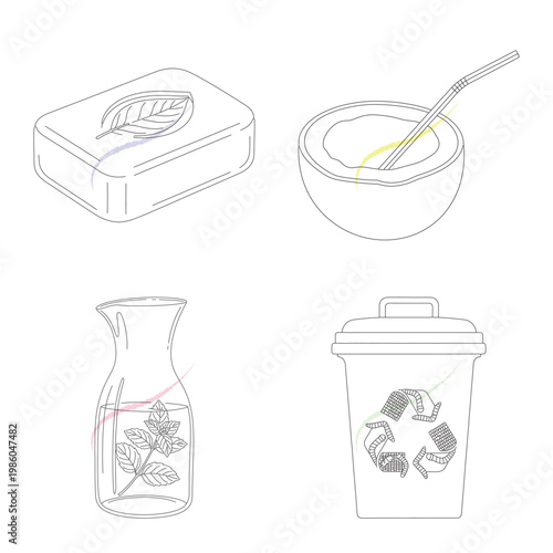Ecological lifestyle line icon set featuring sustainable organic soap coconut bowl reusable pitcher glass and worm composting trash bin