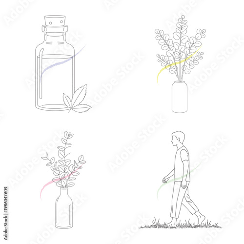 Essential oil bottle with leaf and eucalyptus branches in vase person walking on grass with wavy lines