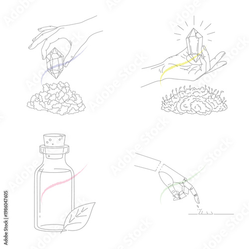 Hand holding crystal over heap of stones robot finger touching ground with crystals and jar with plant