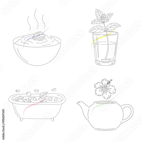 Steaming bowl of food mint in glass jar bathtub with petals teapot with flower hibiscus tea ceremony