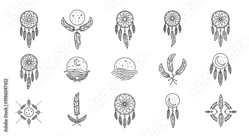 Collection of mystical dreamcatcher and celestial sketches featuring moons, stars, and feathers in a minimalist line-art style.