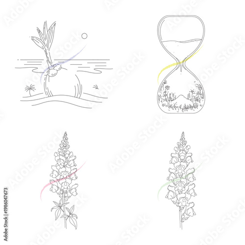 Tropical coconut sprout on beach and vintage hourglass containing miniature forest landscape with snapdragon flower botanical sketches
