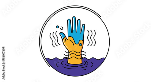 Stylized illustration of a hand reaching out from dark blue water in a circular frame symbolizing a cry for help or drowning.