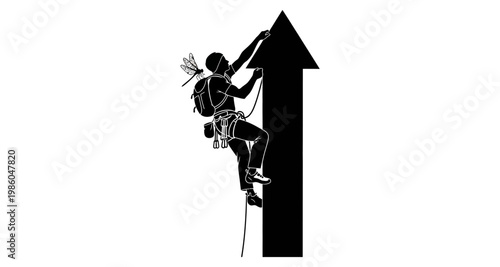 Person ascending upward arrow silhouette during outdoor adventure