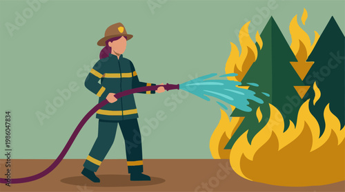 Female firefighter battling a forest wildfire with a water hose