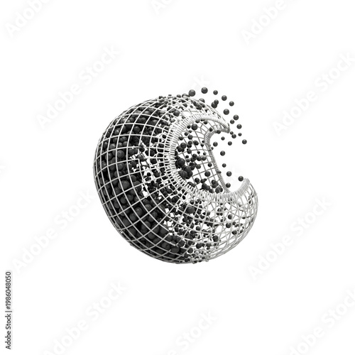 Black and white digital globe disintegrating.