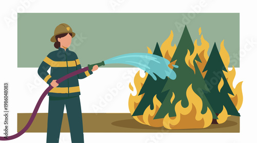 Firefighter Extinguishing a Forest Wildfire with Water Hose