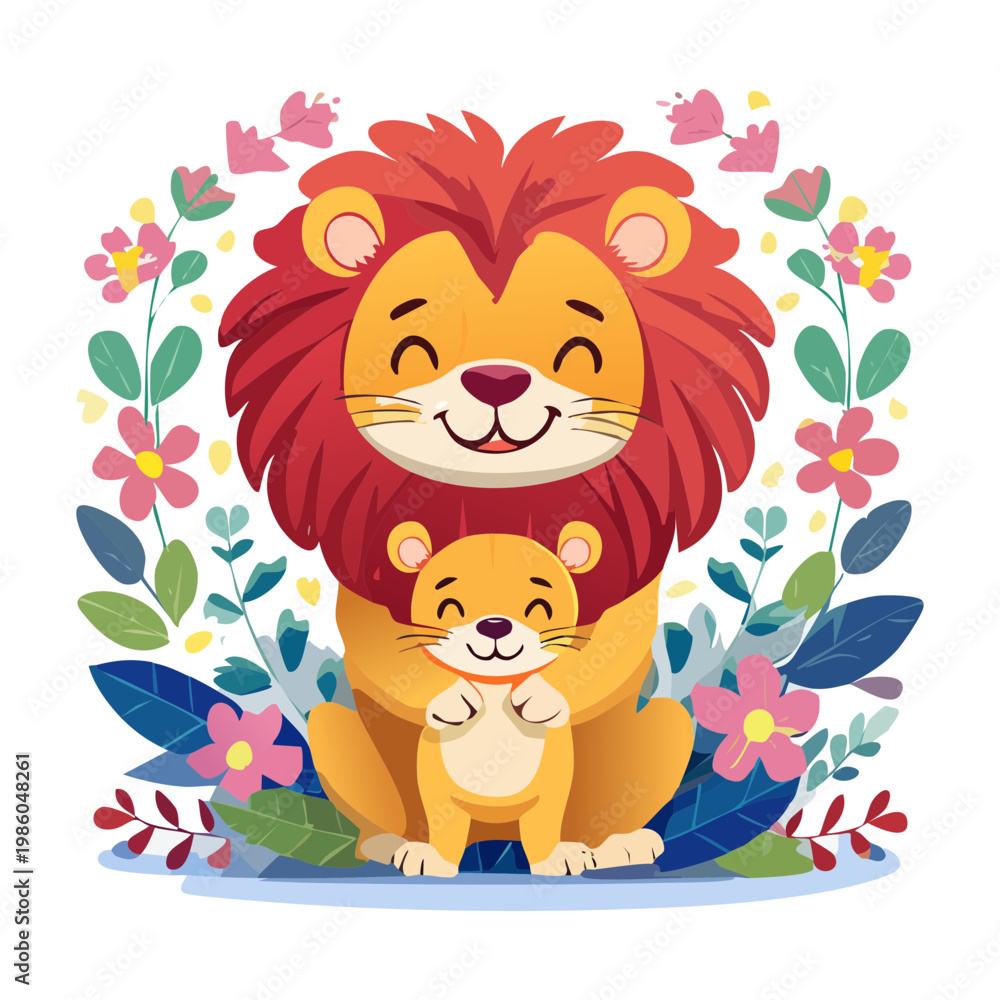 Fototapeta premium Lion family portrait with mother and baby surrounded by flowers for nursery wall art mother day cards and safari animal bonding concepts