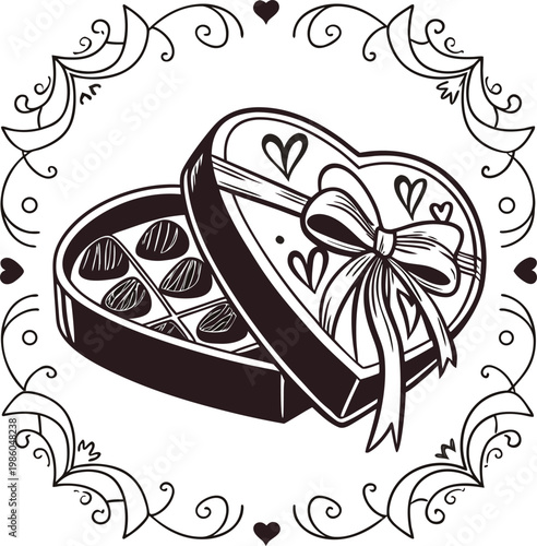 Heart shaped chocolate gift box, Valentine's Day treats, black and white illustration, sweet gift
