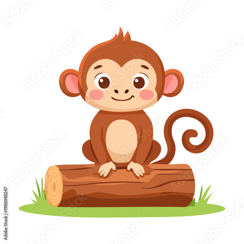 Photography Friendly monkey character sitting on a log for tropical forest themes nature dis