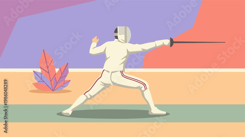 Professional Fencer in Dynamic Lunge with Foil, Flat Illustration Style