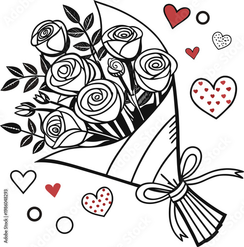 Bouquet of roses, heart decorations, Valentine's Day vector graphics, floral illustration