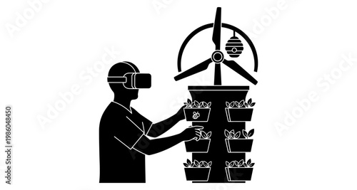 Person with VR headset interacts with vertical farm and wind turbine concept silhouette