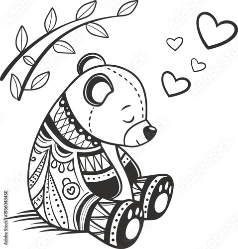Cute bear, heart design, black and white, vector illustration, coloring book, tattoo style