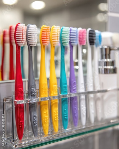 Rows of different colored toothbrushes in a holder, oral hygiene for a family, bright bathroom lighting, clean and fresh concept