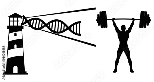 Lighthouse guiding DNA science with weightlifter strength silhouette