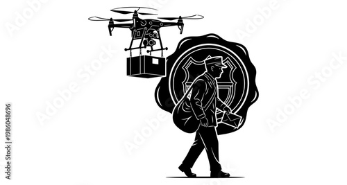 Mail carrier with drone delivering package against circular emblem silhouette