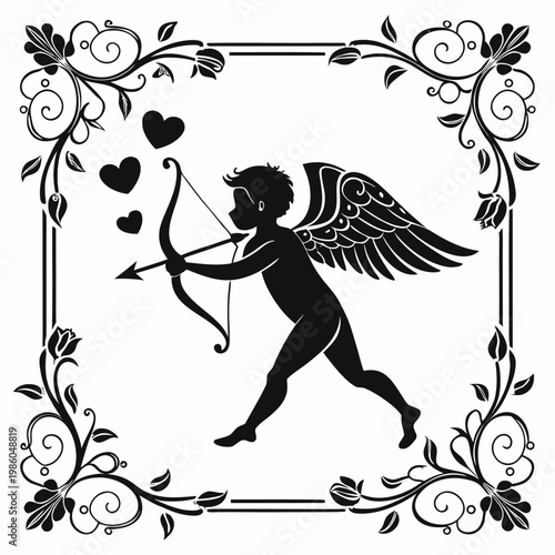 Cupid silhouette, winged cherub, love icon, heart symbols, ornate floral frame