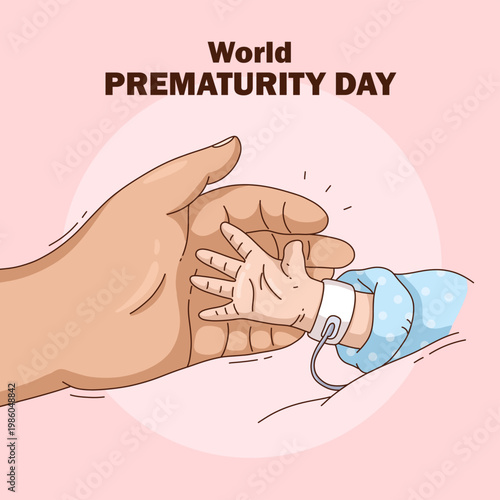 World prematurity day vector illustration depicting delicate baby hand holding adult hand
