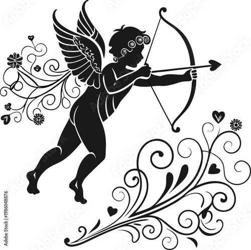 Cupid, winged archer, black silhouette, Valentine's Day icon, love symbol