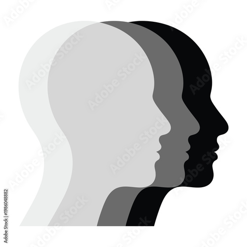 Three grayscale human head silhouettes facing right