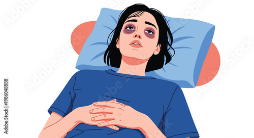 Woman lying in bed with severe dark circles under her eyes representing insomnia exhaustion or sleep deprivation symptoms.