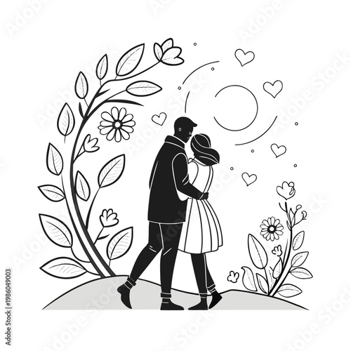 Romantic couple illustration, love hearts flowers, black line art, valentine's day vector