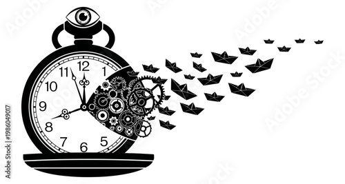 Pocket watch with gears and paper boats in silhouette against white background
