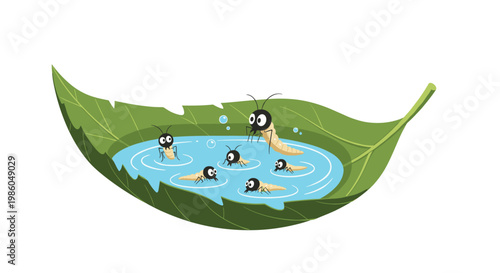 Group of cute mosquito larvae swimming in a small pool of water collected on a green leaf showing the early life stage of the insect.