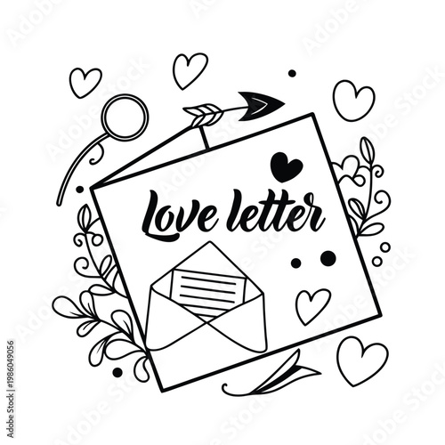 Romantic love letter, heart decorations, floral elements, vector illustration, valentine's day, love concept