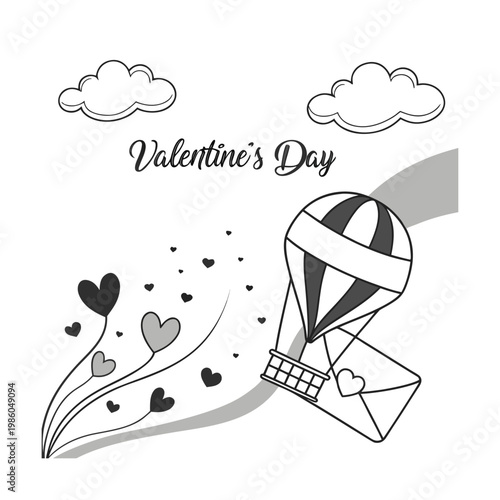Valentine's Day, hot air balloon, heart shapes, romantic icons, black and white vector