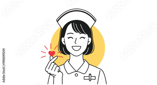 Cheerful nurse in a white uniform and cap making a small heart gesture with her fingers while smiling at the camera.