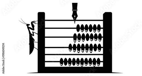Praying mantis on abacus with fountain pen during accounting concept silhouette