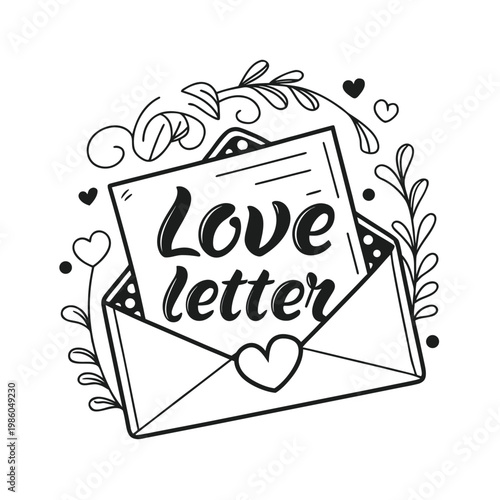 Romantic love letter, heart envelope, doodle illustration, valentine's day design, vector icon