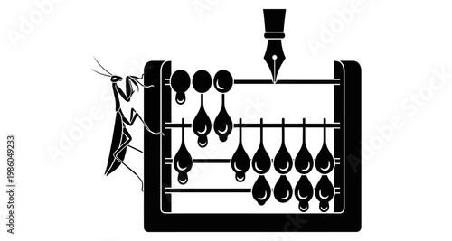 Praying mantis with abacus and pen during accounting silhouette