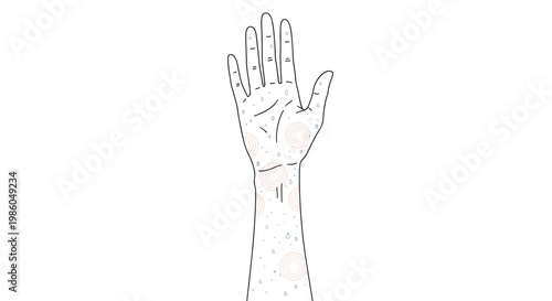 Human arm with red itchy spots and circular rashes on the skin suggesting a dermatological condition or insect bites.