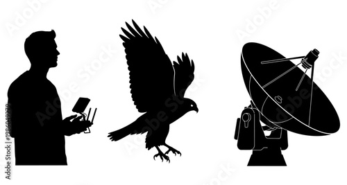 Man controlling drone during flight with eagle and satellite dish against white background silhouette