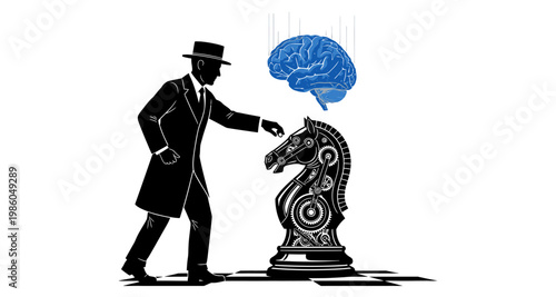 Man in hat moves chess knight with falling brain against white background silhouette