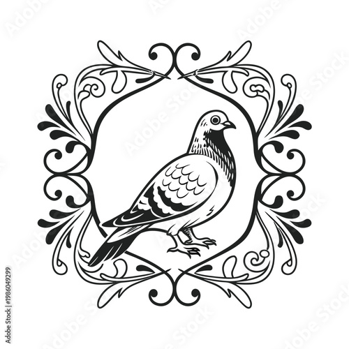 Bird, Pigeon, Vector Illustration, Ornate Frame, Black and White