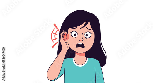 Young girl touching her ear with a pained expression because of an earache or infection indicated by red marks and stylized sound waves.