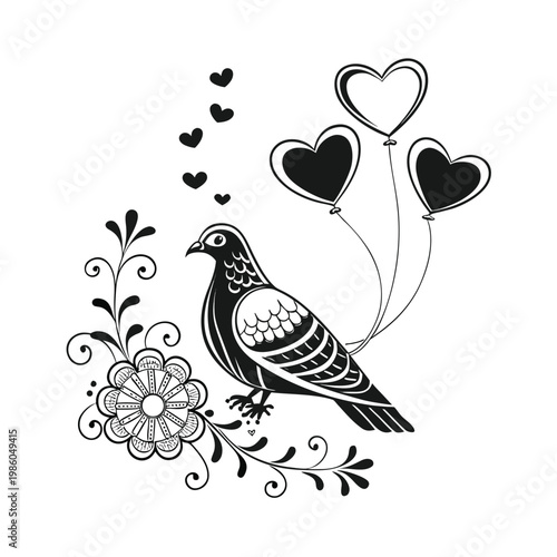 Black and white dove with heart balloons, floral design, love symbol vector