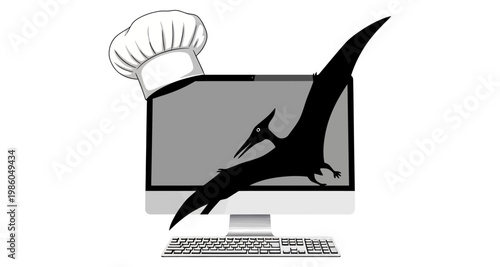 Pterodactyl silhouette flying from computer screen with chef hat