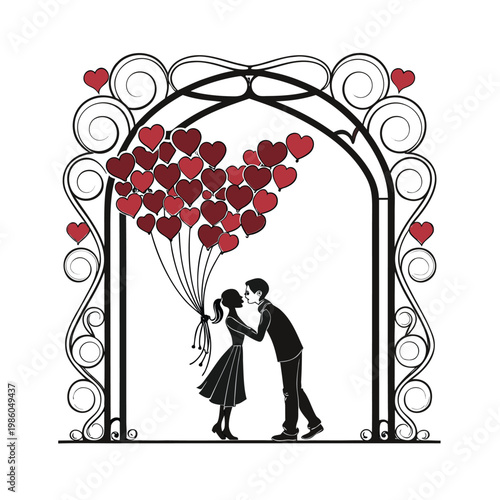Romantic couple, heart balloons, love arch, Valentine's Day vector, wedding illustration