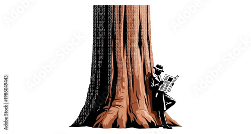 Man in hat reading newspaper leaning against large tree trunk with binary code on bark silhouette
