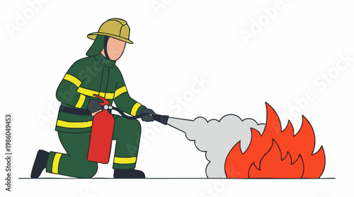 Firefighter Extinguishing Fire with Extinguisher Illustration